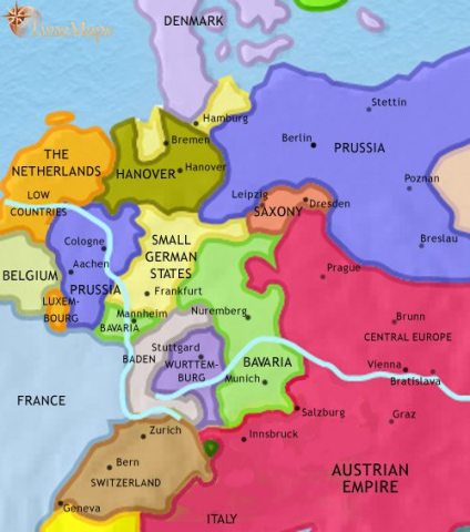 Map of Germany in 1837 CE, after the Holy Roman Empire is dissolved by Napoleon, and a Germanic Confederation created. Prussia expands its territory.