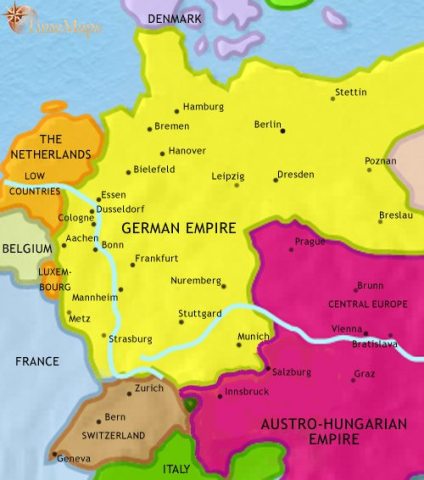 Map of Germany in 1871 CE, when Prussia has united the other German states within the new German Empire, now one of the leading industrial powers in the world.
