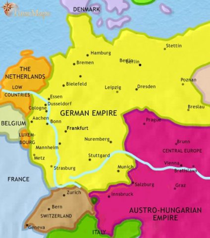 Map of Germany in 1914 CE, when the German Empire is the most powerful state within Europe with a strong army and navy. It is about to enter WW1.