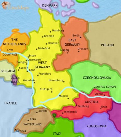Map of Germany in 1960 CE, during the cold war, after defeat in two world wars Germany is now divided into a communist East and a democratic West.
