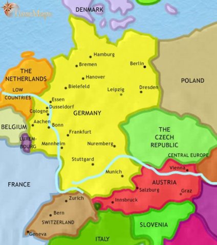 Map of Germany in 2005 CE, after the collapse of the Communist regime in the East, Germany has become united again, its economy is the most powerful in Europe.