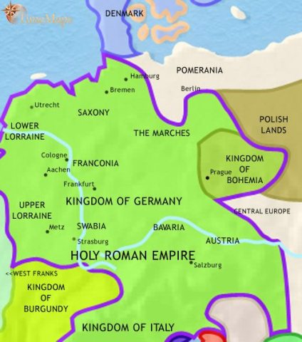 Map of Germany in 979 CE, when the German tribes are under the rule of the newly-founded Holy Roman Empire.