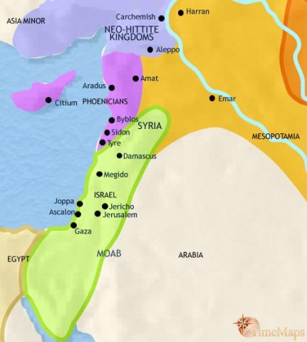 Map of Syria in 1000 BCE, after Hittite and Egyptian rule, when the Phoenician civilization is reaching its peak in the north and in Canaan the Israelites have formed a powerful kingdom.