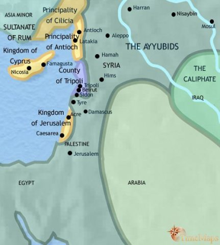 Map of Syria in 1215 CE, after Crusaders from Europe have invaded Syria and Palestine, they have been pushed back to the coast by Saladin who founded the Ayyubid dynasty.