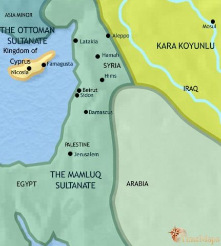 Map of Syria in 1453 CE, after the Mongol invasion, the Mamluqs (slave-soldiers based in Egypt) brough stability and prosperity. This has ended with invasion by Asian conqueror Timur.