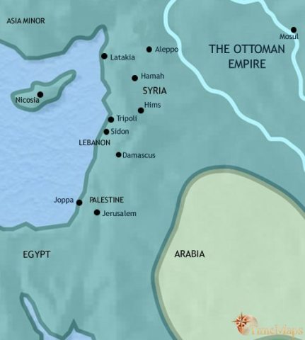 Map of Syria in 1789 CE, as Ottoman control declines, Syria and Palestine become semi-independent within the Empire.