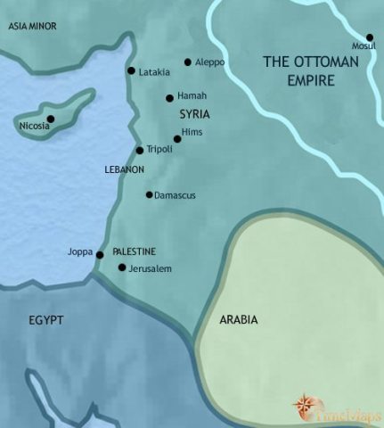 Map of Syria in 1837 CE, Muhammed Ali, governor of Egypt, has conquered Syria and installed his son as governor. The Mount Lebanon area is allowed independence.