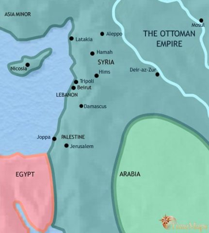 Map of Syria in 1914 CE, Ottoman Empire Administration improves, seeing economic expansion and modernization. An increasing number of Jewish people have been settling in Palestine.