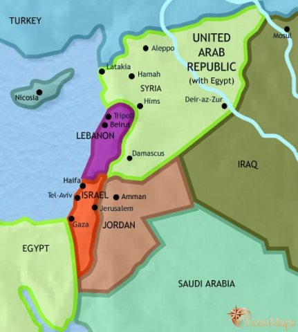 Map of Syria in 1960 CE, the historic region is now divided into Syria, Lebanon, Jordan and the new Jewish state of Israel, leading to Arab opposition and war.