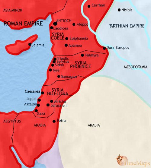 Map of Syria in 200 CE, under Roman rule, the Jews have been expelled from Judaea and Christianity has appeared. Syria is a prosperous frontier region and key to the Empire.
