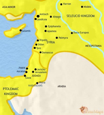 Map of Syria in 200 BCE, Syria and Judaea are ruled by descendants of one of Alexander the Great. The Greek-speaking Seleucid dynasty has allowed the Jews a high level of self-rule