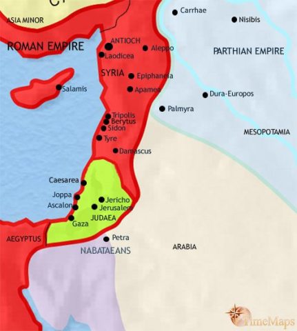 Map of Syria in 30 BCE, now a Roman province, and Judaea is under king Herod the Great. Syria now forms the eastern frontier of the Roman empire, facing the Parthian empire.