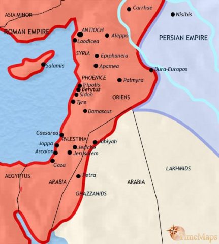 Map of Syria in 500 CE, Syria and Palestine remain part of the Byzantine - or Late Roman - Empire. Palestine has become a centre of Christian pilgrimage.