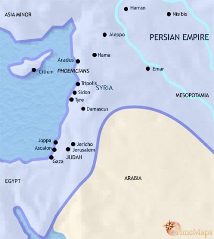 Map of Syria in 500 BCE, after the region has come under the power of a succession of great empires (Assyrians, Babylonians) and is now under the Persian Empire.
