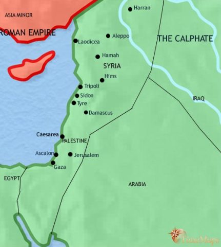 Map of Syria in 750 CE, the country, and capital Damascus, has been at the heart of the Islamic Umayyad Caliphate, but an uprising sees the Abassid Caliphate shift their base eastwards.