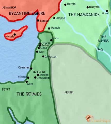 Map of Syria in 979 CE, after losing its place at the heart of the Islamic world, Hamdanid rule sees Aleppo become an intellectual centre. The Egyptian Fatimids rules in the west and south.