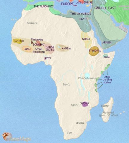 Map of Africa in 1215 CE showing African Kingdoms, peoples and trading centers