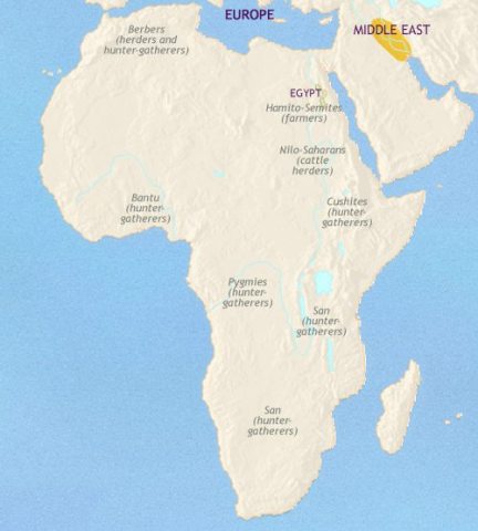 Map of Africa in 3500 BCE, most of Africa is home to hunter-gatherers but in Nubia cattle herding has developed and in the Nile valley, civilization emerging.