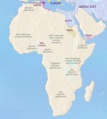 Map of Africa in 500 BCE, Bantu farmers from West Africa are beginning to spread out across the continent. Persia now rules Egypt but Nubia continues to develop independently.