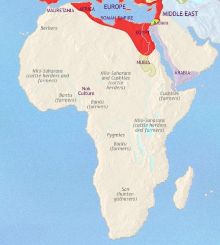 Map of Africa in 30 BCE, when North Africa is part of the Roman empire, Nubia, however, retains independent. In central Africa the Bantu expansion continues east and south.