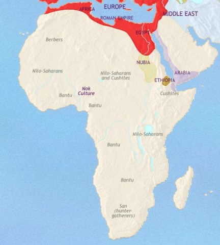 Map of Africa in 200 CE, when the kingdom of Axum has appeared. Bantu migration continues and Rome depends on Africa for grain, exotic animals and slaves