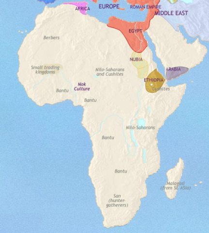 Map of Africa in 500 CE, the powerful Axumite kingdom has invaded Nubia, Sahara trade routes have developed and Parts of North Africa are occupied by Berbers and Vandals.