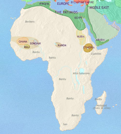 Map of Africa in 979 CE, in North Africa the Islamist Fatimids rule. Christian Nubian is flourishing. Islam is spreading into developing West Africa.