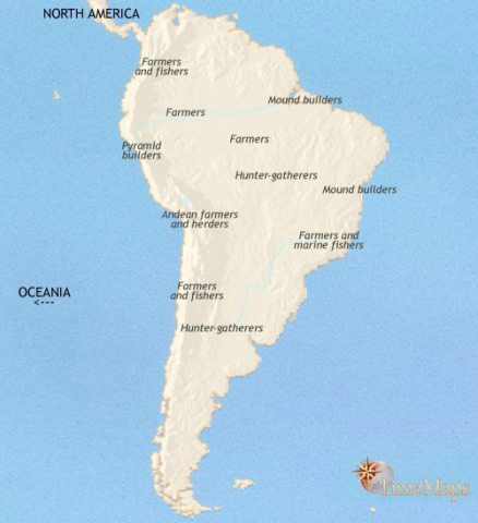 Map of South America in 1000 BCE, full urban civilizations developing on the Pacific coast and Andes. In the Amazon basin small settlements of Arawak-speaking peoples are spreading.