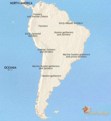 Map of South America in 1500 BCE, Civilization is developing on the Pacific coast. Trade routes link these communities with the peoples of the high Andes.