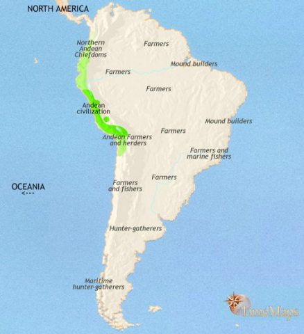 Map of South America in 200 BCE, Chavin civilization is fragmenting. Major settlements appear in the Amazonian basin as maize farming spreads. The Arawak colonize the Caribbean.