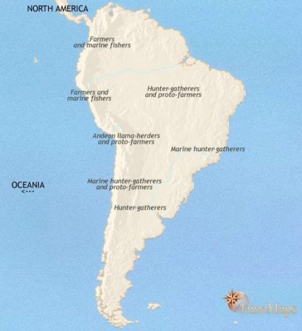 Map of South America in 2500 BCE, Large villages are developing along the Pacific coast, with temple-mounds and irrigation. Agriculture is starting in Amazonia and herding in the Andes.