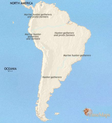 Map of South America in 3500 BCE, Permanent farming villages have grown up along coasts and rivers, but most areas are still inhabited by groups of hunter-gatherers.