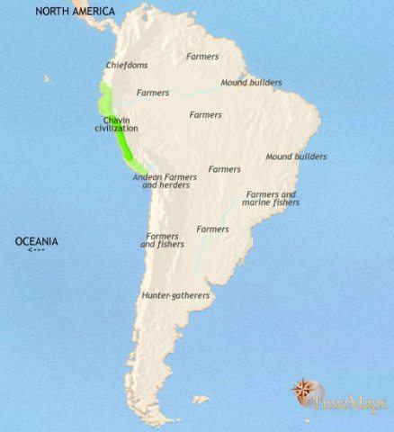 Map of South America in 500 BCE, In the highlands of Peru, the Chavin civilization has appeared. In the Amazon basin, Arawak diaspora continues as regional cultures develop.