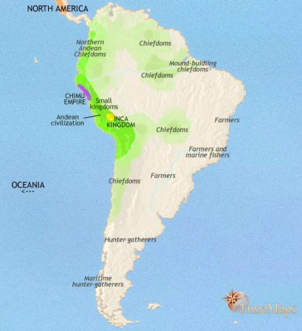 Map of South America in 1215 CE, the Chimu empire leads in the Pacific region. The Incas, form a small kingdom in the High Andes. In Amazonia, towns and cities flourish.