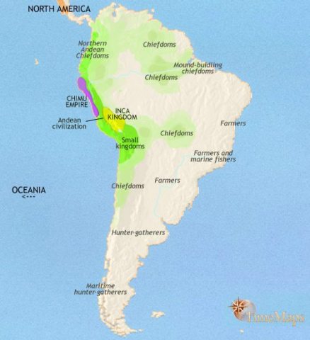 Map of South America in 1453 CE, the Inca empire has begun its expansion from the Andes. The towns and states of central Amazonia support complex, hierarchical societies.