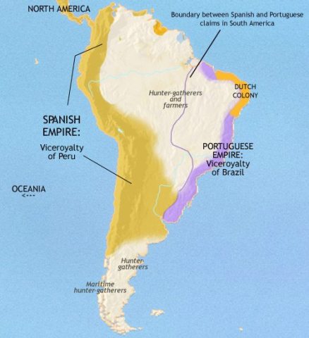 Map of South America in 1648 CE, the enormous Inca empire ends with the arrival of the Spanish. The Spanish and Portuguese now control much of South America.