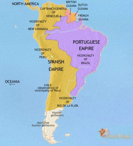 Map of South America in 1789 CE, the Spanish and Portuguese empires rule most of South America. The east coast and Buenos Aires has been developed for trade.