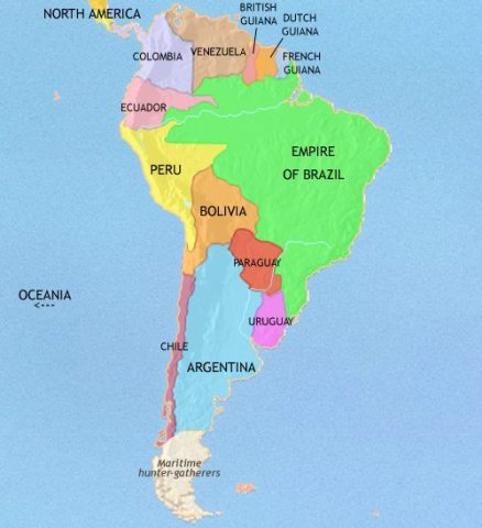 Map shows South America in 1837 CE, after the Wars of Liberation against the Spanish Colonial Empire.
