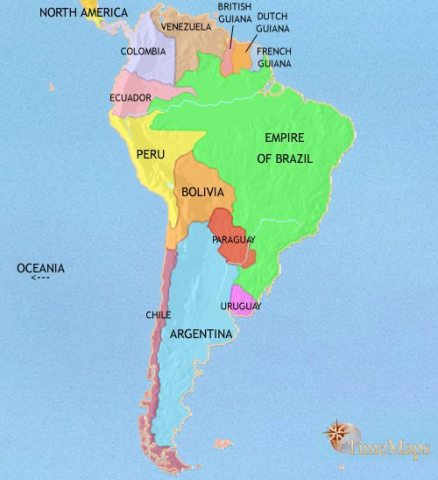 Map of South America in 1871 CE, Brazil has progressed economically. Chile and Argentina have seen large-scale immigration from Europe. Many states remain political unstable.