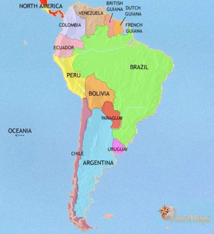Map of South America in 1914 CE, Brazil, Argentina and Chile are growing wealthy but wars and military dictatorships have hampered many countries reaching full potential.