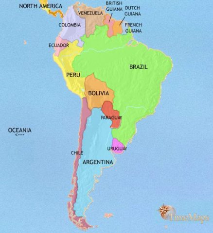 Map of South America in 1960 CE, after playing little part in two world wars, an economic downturn in the 1930s has boosted dictatorships, except in Uruguay.