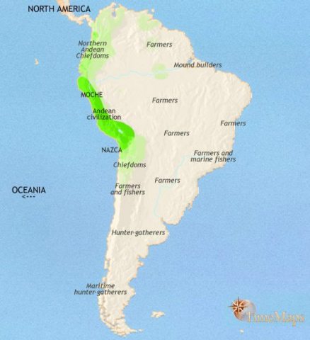 Map of South America in 200 CE, a influential high-level of civilization has appeared in Peru, the Moche. In Amazonia, the Arawak are forming into regionally rooted societies.
