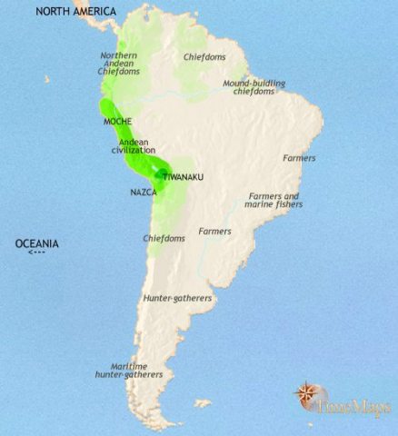 Map of South America in 500 CE, the Moche and Nazca civilizations in Peru are reaching their peak and large chiefdoms have emerged in Amazonia.