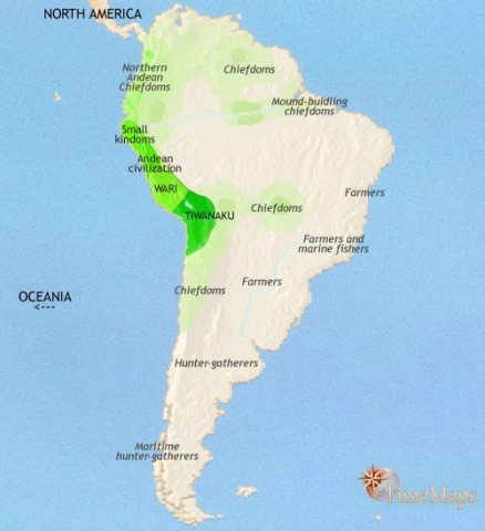 Map of South America in 750 CE, the Tiwanaku and Wari empires now dominate the highlands of Peru. The mound-building cultures of lower Amazonia are at their height.