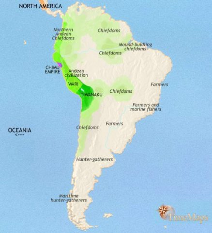 Map of South America in 979 CE, the Chimu empire has appeared on the Pacific coast. In the Amazonian region, full-blown chiefdoms and well-organized kingdoms exist.