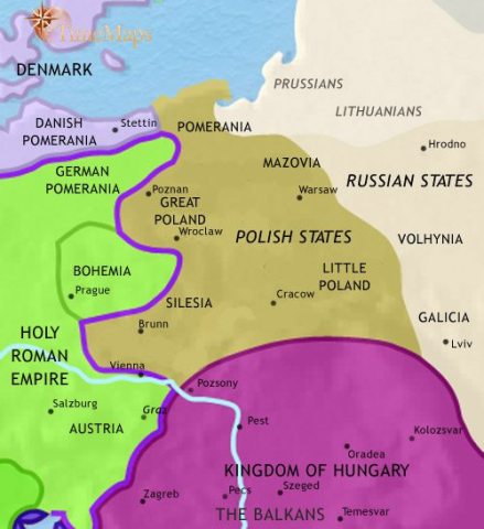 Map of East Central Europe in 1215 CE, when Powerful nations are emerging in Central Europe - Poland (now fragmented into rival principalities) Bohemia and Hungary.