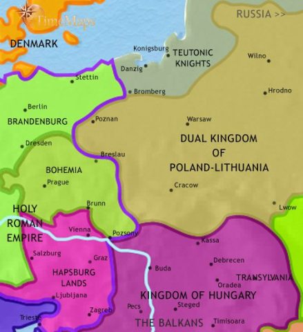 Map of East Central Europe in 1453 CE, when the Poles and Lithuanians unite creating a huge dual kingdom. Warfare between Hungary and the Ottoman empire is endemic