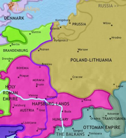 Map of East Central Europe in 1648 CE, at the end of the 30 years war, when much of Central Europe is threatened by the Ottoman Turks and Poland-Lithuania by a newly powerful Russia.