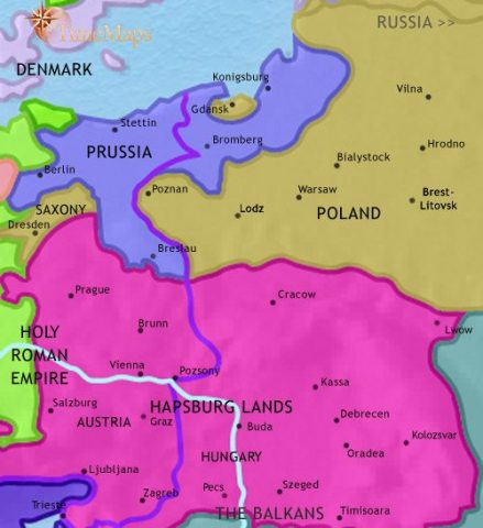 Map of East Central Europe in 1789 CE, when Poland has begun to be partitioned and much of Central Europe is divided between Austria and the new state of Prussia.