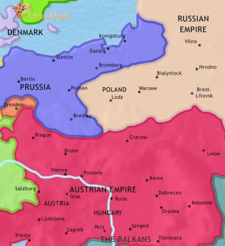 Map of East Central Europe in 1837 CE, after the Revolutionary and Napoleonic wars when all Central Europe is divided between Russia, Austria and Prussia.